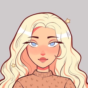Puede incluir: Ilustración de una persona con cabello largo y rubio ondulado y ojos azul claro. La persona lleva un suéter marrón. Una pequeña estrella está cerca del cabello. El fondo es de color gris sólido.