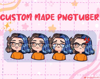 May include: Four digital illustrations of a person with blue hair and brown eyes. The person is wearing a yellow sweater and has different facial expressions: smiling, neutral, crying, and angry.
