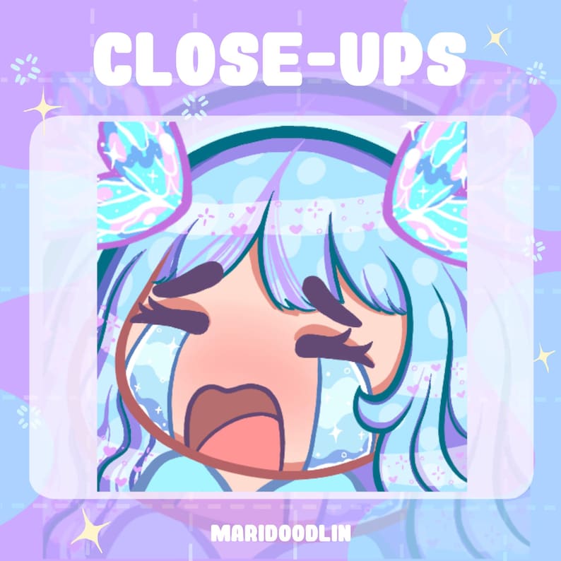 May include: A cartoon illustration of a crying character with blue hair and butterfly-shaped headbands. The character has a pink mouth and blue eyes. The background is a light blue and purple gradient with white stars and hearts.