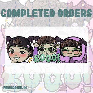 May include: Three cartoon illustrations of a person with brown curly hair wearing a black hat, green glasses, and a purple hooded sweatshirt. The middle illustration has the word "Boo!" in green letters with a heart shape.