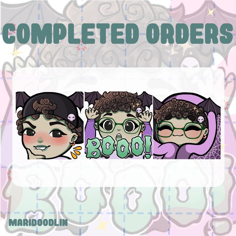 May include: Three cartoon illustrations of a person with brown curly hair wearing a black hat, green glasses, and a purple hooded sweatshirt. The middle illustration has the word "Boo!" in green letters with a heart shape.