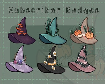 May include: Five witch hat subscriber badges with different decorations. The hats are purple, blue, brown, purple, and black. The decorations include mushrooms, leaves, pumpkins, flowers, and vines.