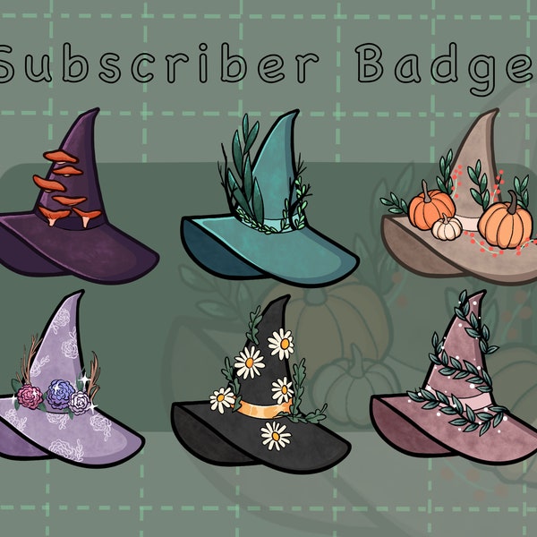 Botanical Witch Hats Subscriber Badges | Plants | Magical | Green | Twitch | Instant Download | Cute Girl Badges | Halloween