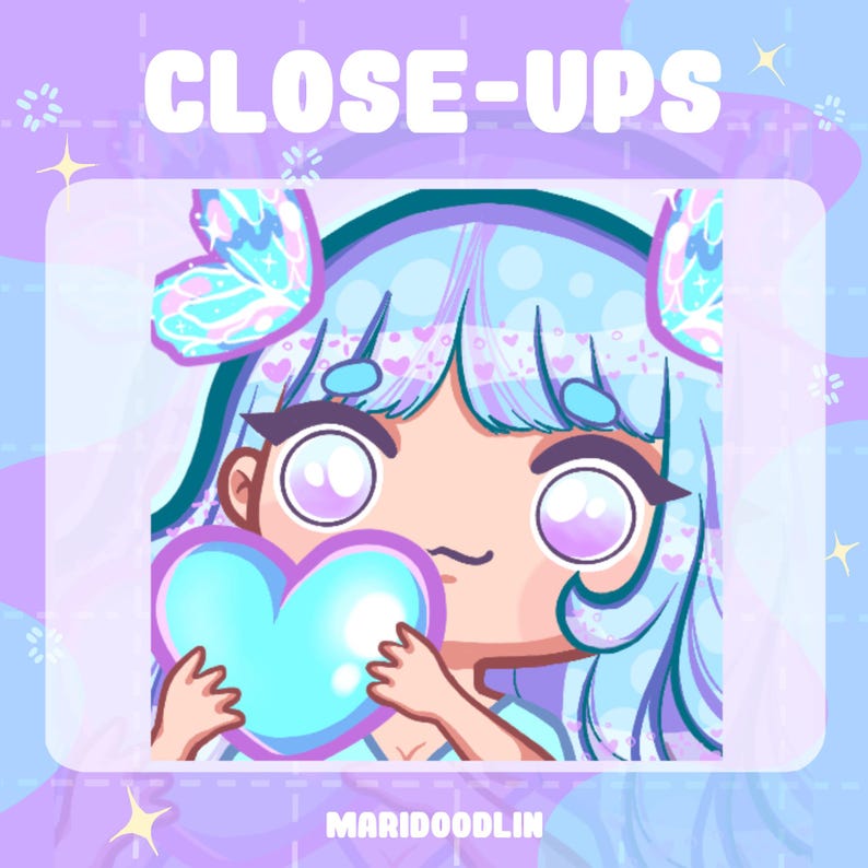 May include: A cartoon illustration of a blue-haired character with butterfly wings holding a light blue heart. The character has large eyes with purple highlights and a pink mouth. The background is a light purple and blue gradient.