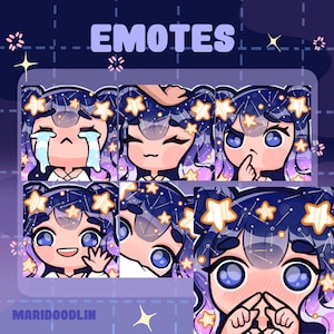May include: Set of five animated emotes featuring a cartoon character with blue hair, a starry background, and different facial expressions. The text "EMOTES" is at the top of the image.