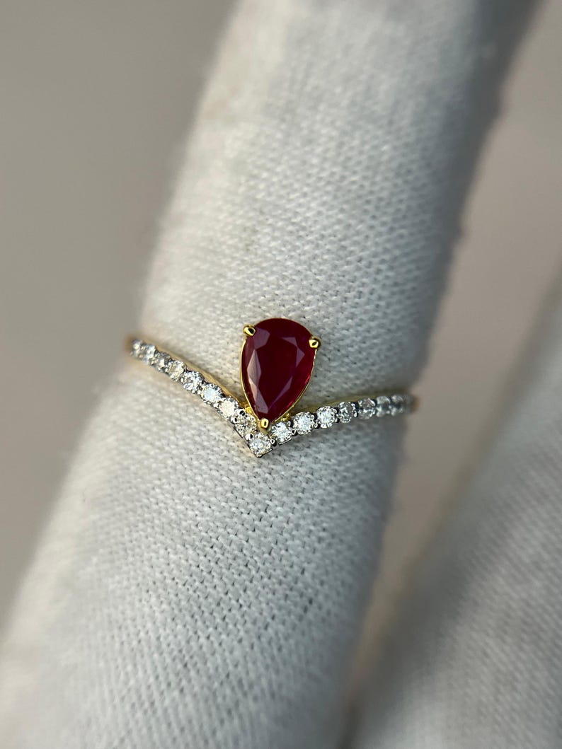 Natuurlijke robijn verlovingsring, robijn diamanten kroonring, peervormige robijn solitaire ring, 14-karaats gouden art deco ring met rode robijn, jubileumcadeau ring afbeelding 12