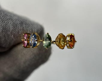 Rainbow Sapphire Ring, 14k Gold Natural Multi Colored Sapphire Stone Half Eternity Ring, Sapphire Rainbow Ring, Stacking Ring, Gift for her