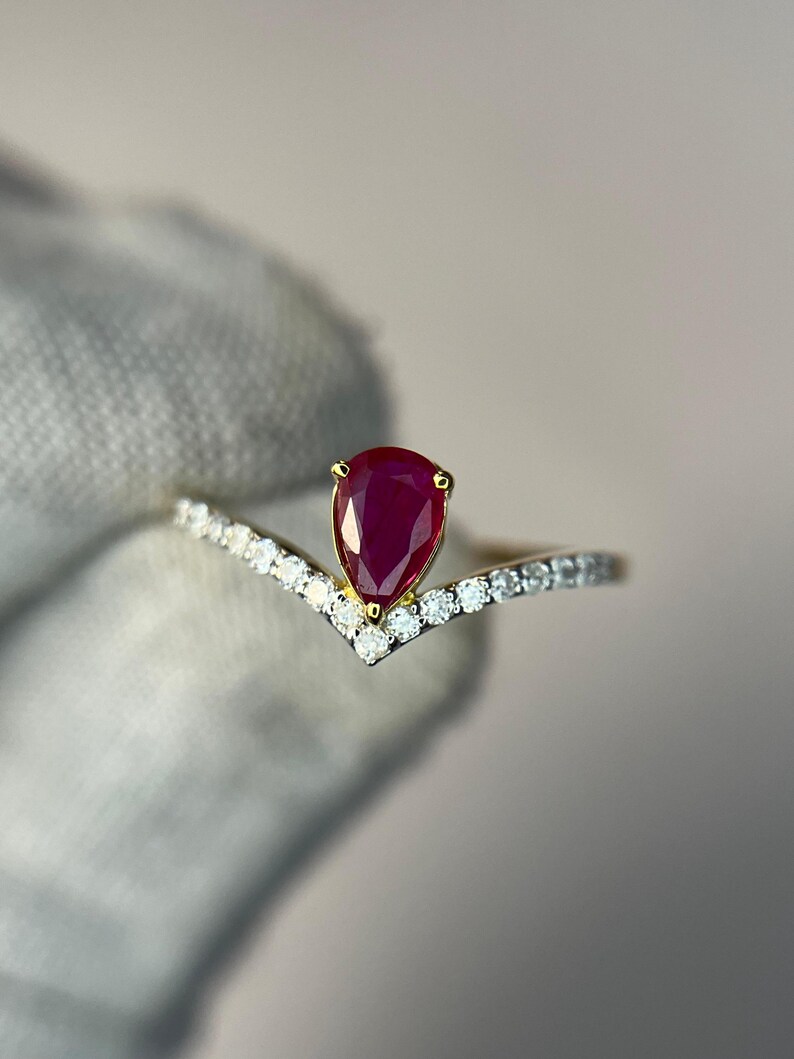 Natuurlijke robijn verlovingsring, robijn diamanten kroonring, peervormige robijn solitaire ring, 14-karaats gouden art deco ring met rode robijn, jubileumcadeau ring afbeelding 1