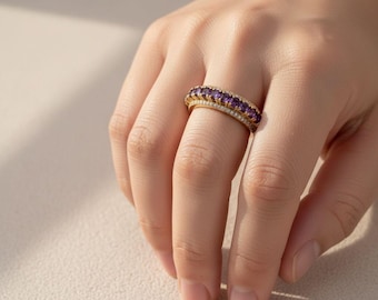 14K amethist full-band ring, massief gouden trouwring, geboortesteen februari, gouden amethist verlovingsring voor haar, jubileumring