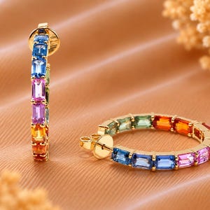Rainbow Earrings Yellow Gold Earrings Women Hoop Earrings, Natural Sapphire Earrings, Antique Jewelry Huggie Earrings Unique Earrings