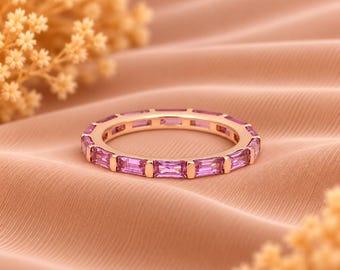 Pink Sapphire Eternity Band, 14K White Gold Dainty Sapphire Wedding Band Ring, 14K Rose Gold Baguette Cut Ring , Matching Band Ring For Her
