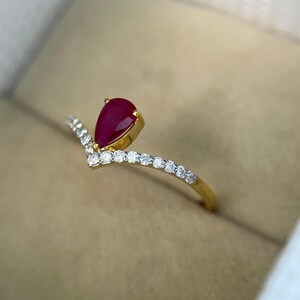 Natuurlijke robijn verlovingsring, robijn diamanten kroonring, peervormige robijn solitaire ring, 14-karaats gouden art deco ring met rode robijn, jubileumcadeau ring afbeelding 4