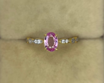 14k Solid Gold Pink Sapphire Diamond Ring, Pink Sapphire Engagement Ring, Pink Sapphire Gold Ring, 14K Rose Gold Stacking Sapphire Gift ring