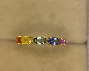 Rainbow Sapphire Ring, 14k Gold Natural Multi Colored Sapphire Stone Half Eternity Ring, Sapphire Rainbow Ring, Stacking Ring, Ring For Her