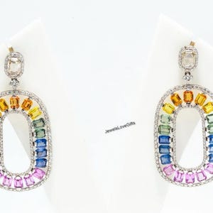 Rainbow Sapphire Earrings, Gradient Multi Sapphire Diamond Hoop Earrings, Ombre Emerald Cut Rainbow Gemstone Earrings, Wedding Earrings