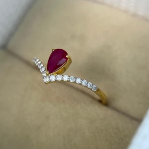 Natuurlijke robijn verlovingsring, robijn diamanten kroonring, peervormige robijn solitaire ring, 14-karaats gouden art deco ring met rode robijn, jubileumcadeau ring afbeelding 17