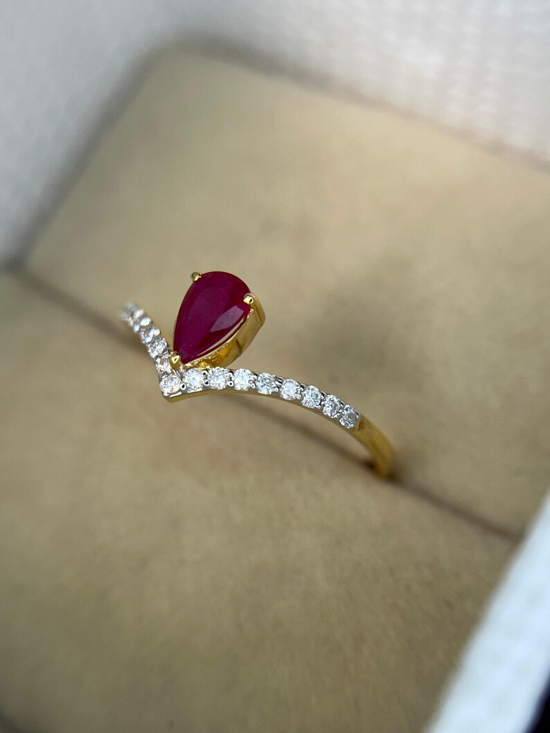 Natuurlijke robijn verlovingsring, robijn diamanten kroonring, peervormige robijn solitaire ring, 14-karaats gouden art deco ring met rode robijn, jubileumcadeau ring afbeelding 17