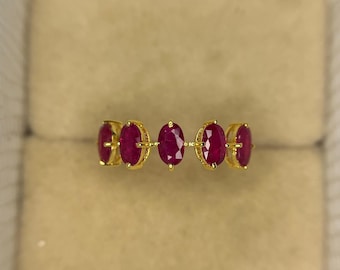 Anillo de boda vintage de rubí rojo, alianza de boda de oro rosa macizo de 14k, alianza de piedra natal de julio, alianza única de media eternidad, joyería de rubí hecha a mano, regalo