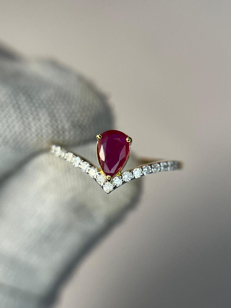 Natuurlijke robijn verlovingsring, robijn diamanten kroonring, peervormige robijn solitaire ring, 14-karaats gouden art deco ring met rode robijn, jubileumcadeau ring afbeelding 20