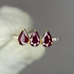 Robijnring, 14k gouden peervormige ring met natuurlijke robijn en diamant, druppelvormige robijnring, gouden verlovingsring, geboortesteenring van juli, ringen voor vrouwen