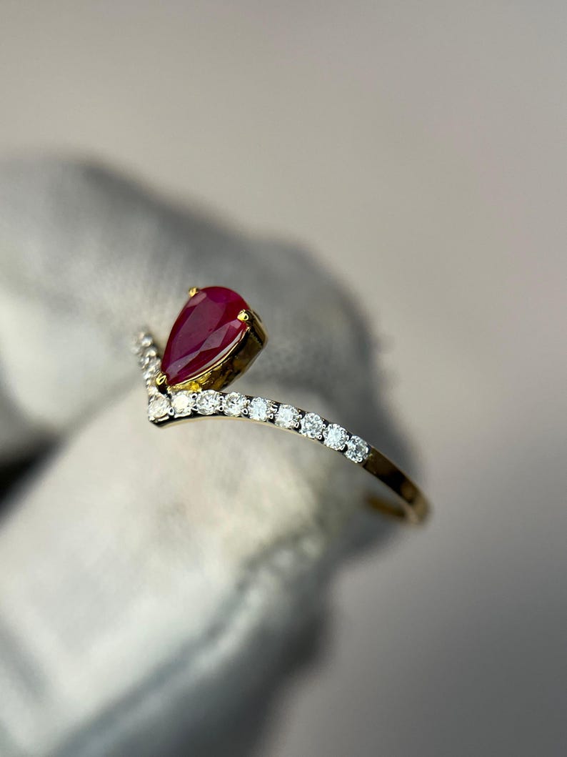 Natuurlijke robijn verlovingsring, robijn diamanten kroonring, peervormige robijn solitaire ring, 14-karaats gouden art deco ring met rode robijn, jubileumcadeau ring afbeelding 8