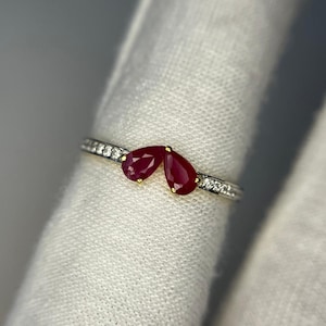 Natural Ruby Pear Cut Ring, Heart Birthstone Ring, 2 Birthstone Ring, Mothers Jewelry, Birthday Gift for Her,Stackable Ring, Gift for Mom