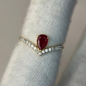 Natuurlijke robijn verlovingsring, robijn diamanten kroonring, peervormige robijn solitaire ring, 14-karaats gouden art deco ring met rode robijn, jubileumcadeau ring afbeelding 5