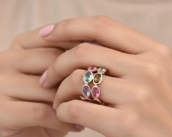 Natural Multi Tourmaline Ring, Rainbow Band Ring, Solid 14K Yellow Gold Dainty Ring, Multi Gemstone Ring, Wedding Band, Full Eternity Band