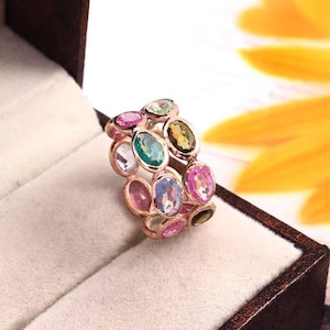 Natural Multi Tourmaline Ring, Rainbow Band Ring, Solid 14K Yellow Gold Dainty Ring, Multi Gemstone Ring, Wedding Band, Full Eternity Band