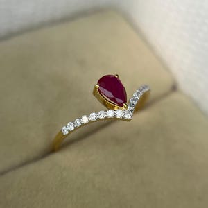 Natuurlijke robijn verlovingsring, robijn diamanten kroonring, peervormige robijn solitaire ring, 14-karaats gouden art deco ring met rode robijn, jubileumcadeau ring afbeelding 9