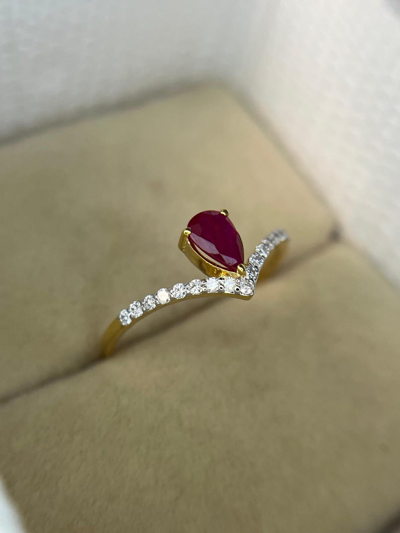 Natuurlijke robijn verlovingsring, robijn diamanten kroonring, peervormige robijn solitaire ring, 14-karaats gouden art deco ring met rode robijn, jubileumcadeau ring afbeelding 9