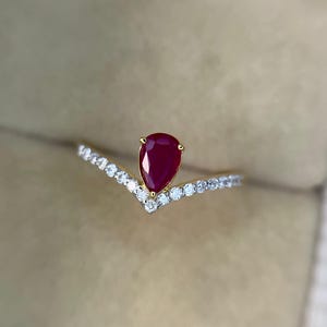 Natuurlijke robijn verlovingsring, robijn diamanten kroonring, peervormige robijn solitaire ring, 14-karaats gouden art deco ring met rode robijn, jubileumcadeau ring afbeelding 18