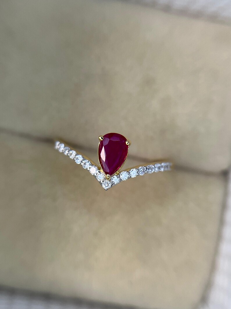 Natuurlijke robijn verlovingsring, robijn diamanten kroonring, peervormige robijn solitaire ring, 14-karaats gouden art deco ring met rode robijn, jubileumcadeau ring afbeelding 18