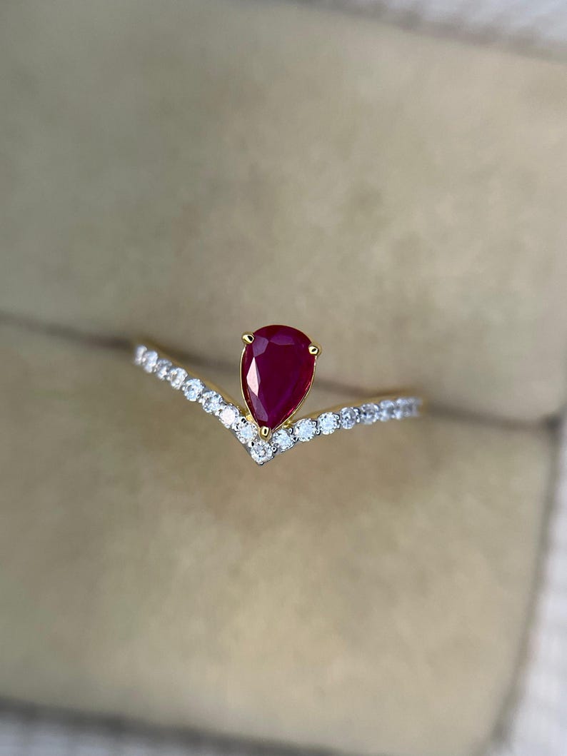 Natuurlijke robijn verlovingsring, robijn diamanten kroonring, peervormige robijn solitaire ring, 14-karaats gouden art deco ring met rode robijn, jubileumcadeau ring afbeelding 11