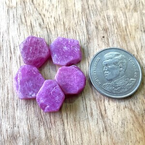 以下が含まれることがあります： 木製の表面に、5つの粗いピンク色のルビーの宝石がコインの隣に展示されています。宝石は結晶構造で、さまざまな形をしています。コインは銀色で、肖像画が描かれています。