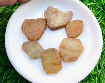以下が含まれることがあります： 白い皿の上に、6つの自然な薄い茶色の粗い宝石が置かれています。宝石は様々な形と大きさです。
