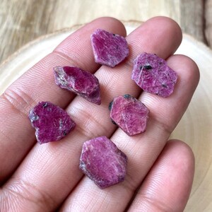 May include: Six raw ruby crystals in various shapes and sizes. The crystals are a deep red color with a slight purple hue. They are arranged on a hand.