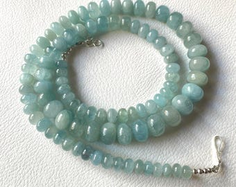 Natural Aquamarine Necklace: Rondelle Beads, Sterling Silver Clasp