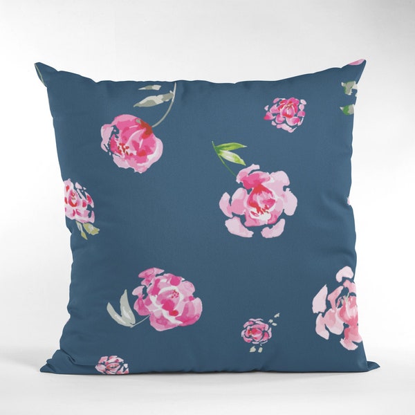 Peony cushion with pink peony floral print, pillow, peonies print meditation cushion, chair cushion, navy blue cushion