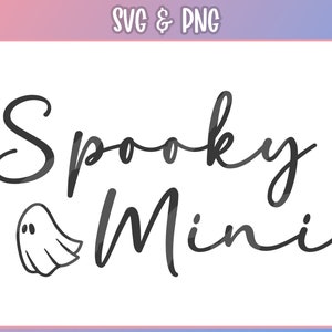 May include: Black and white graphic design with the text "Spooky Mini" and a small ghost illustration.