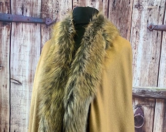 Handmade Cashmere Blend Cape Wrap: Faux Fur Trim Poncho