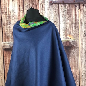 Handmade British Wool Tweed Cape: Reversible Floral Cotton Lined Poncho