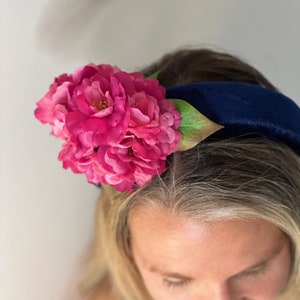 Handmade Cerise Pink Flower Crown: Navy Velvet Padded Fascinator