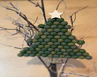 Christmas Tree made from Wool Felt Balls with wooden star and real bark trunk.  Bespoke Handmade Decoration for the holidays,  Xmas decor