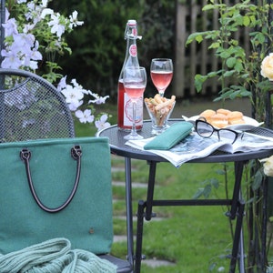 Green Tweed Tote Bag: Handmade Wool Shopper with Leather Handles