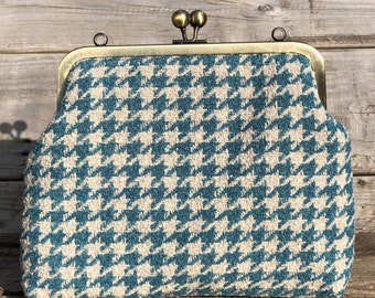 The Haydock Clutch. Bespoke Evening Purse Handmade using Ocean Blue Dogtooth fabric. Small handbag with Antique Brass frame made in UK.