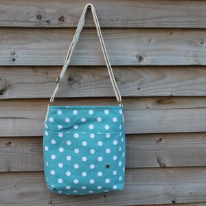 Handmade crossbody bag in a Teal Green and white spotty canvas, polka dot handbag with adjustable strap, Bespoke Handmade tote bag shopper.