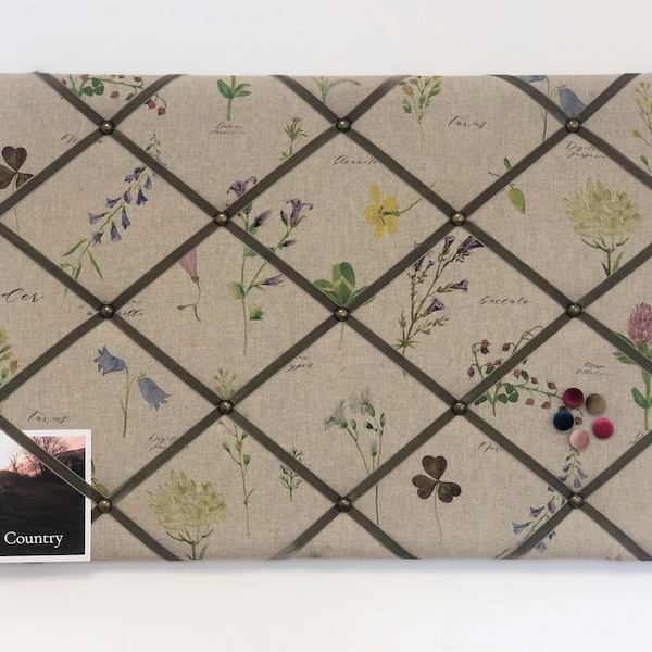 Handmade Memory Pin Board with Floral Printed fabric.   Photo Vision Memo Board with Velvet ribbon and Antique Brass studs.