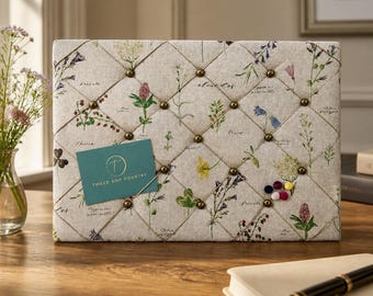 Handmade Memory Pin Board with Floral Printed fabric.   Photo Vision Memo Board with jute twine and Antique Brass studs.