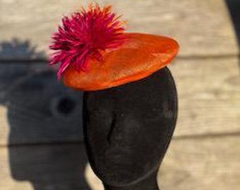 Orange Sinamay Button Hat with Cerise & Orange Goose Feather Biot Pom Poms – Handmade Fascinator for Weddings, Races and Special Events
